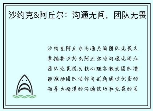 沙约克&阿丘尔：沟通无间，团队无畏